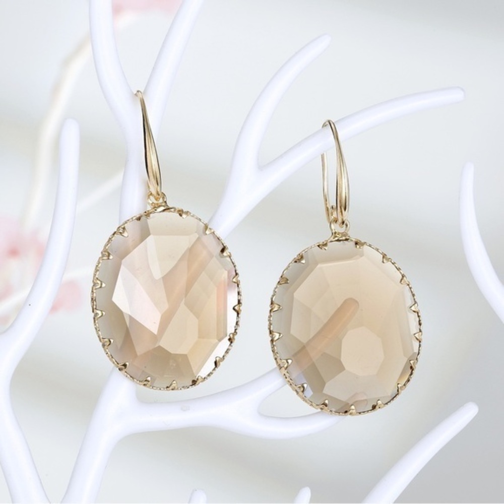 New Fashion Round Crystal Faceted Glass Earrings, Brown & Gold Tone